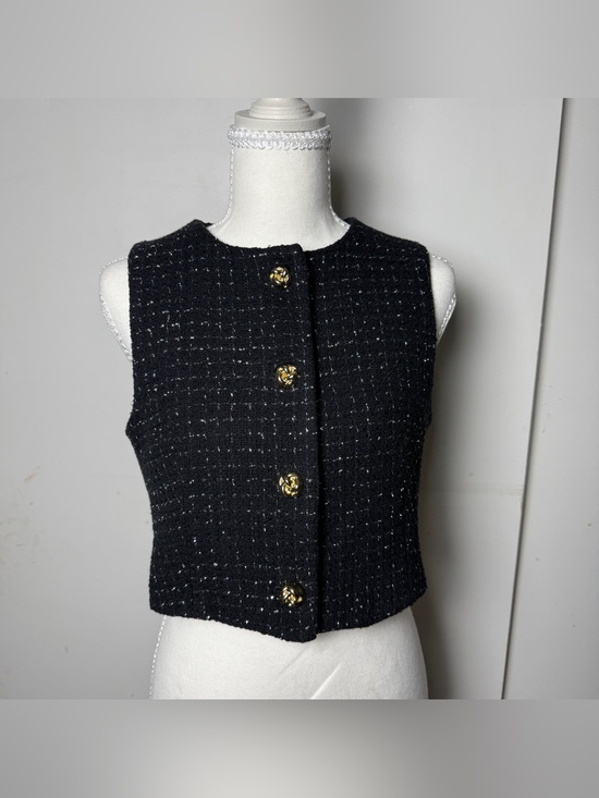 Zara Jackets & Blazers - Zara Tweed Cropped Vest Women's Small Black Gold Button Boucle Parisian Luxe